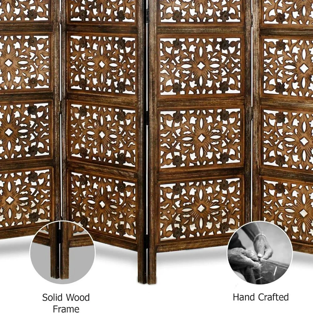 Antique Brown 4 Panel Folding Room Divider - Decorative Portable Privacy Screen